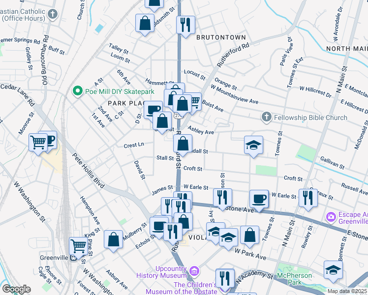 map of restaurants, bars, coffee shops, grocery stores, and more near 520 Rutherford Street in Greenville