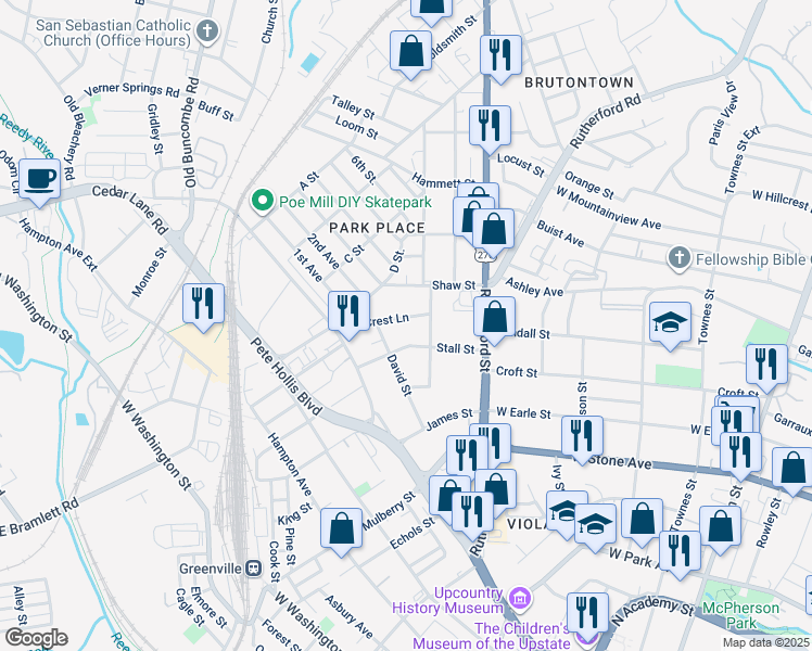 map of restaurants, bars, coffee shops, grocery stores, and more near 117 Stall Street in Greenville