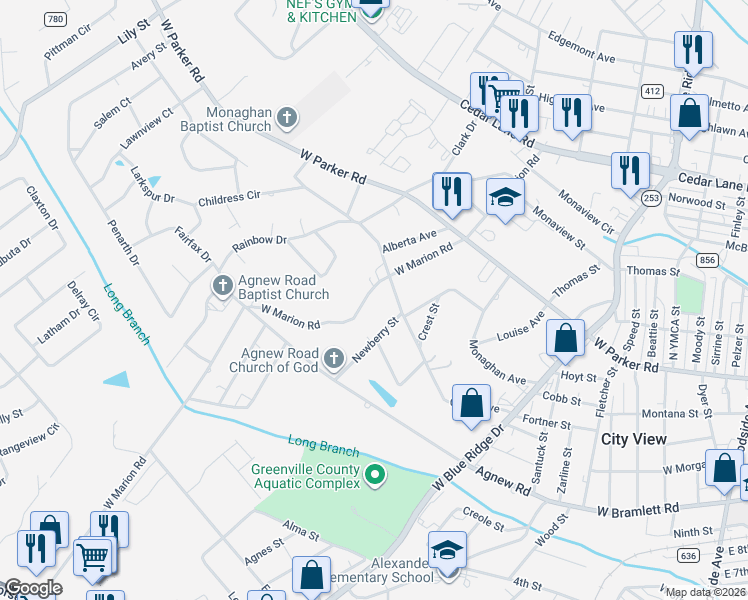 map of restaurants, bars, coffee shops, grocery stores, and more near 111 West Marion Road in Greenville