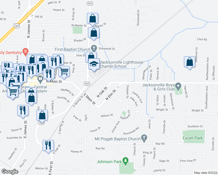 map of restaurants, bars, coffee shops, grocery stores, and more near 361 North Oak Street in Jacksonville