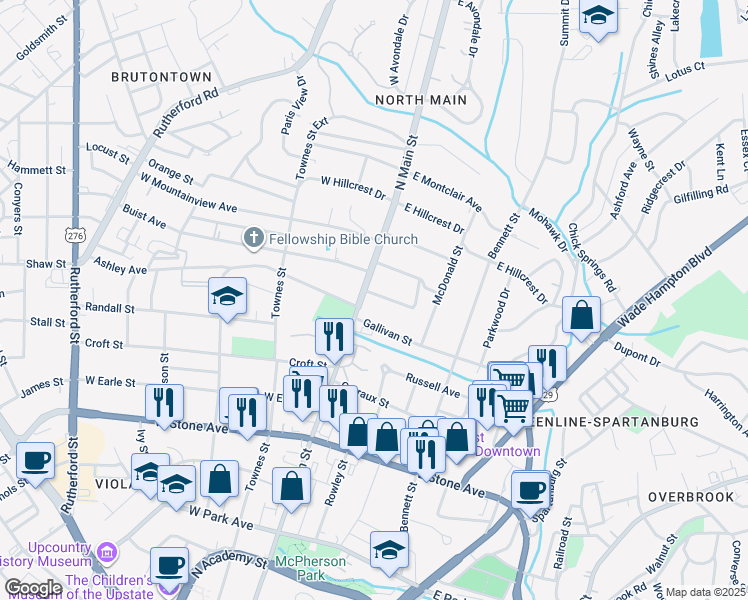 map of restaurants, bars, coffee shops, grocery stores, and more near 6 North Park Drive in Greenville