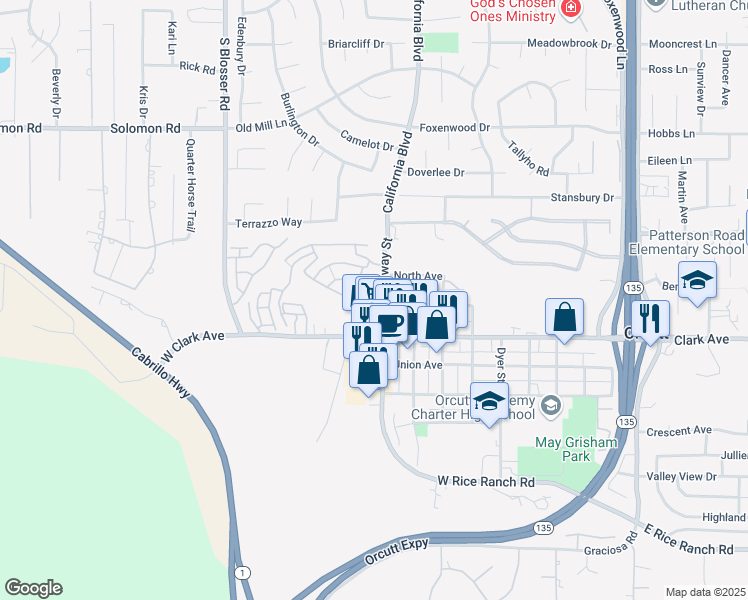 map of restaurants, bars, coffee shops, grocery stores, and more near 215 North Broadway Street in Santa Maria