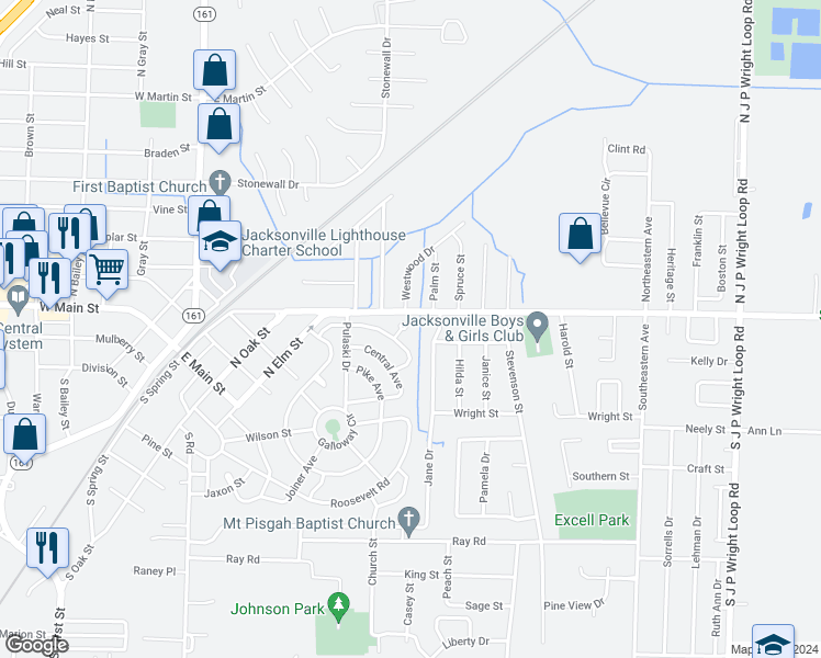 map of restaurants, bars, coffee shops, grocery stores, and more near 120 North Circle in Jacksonville