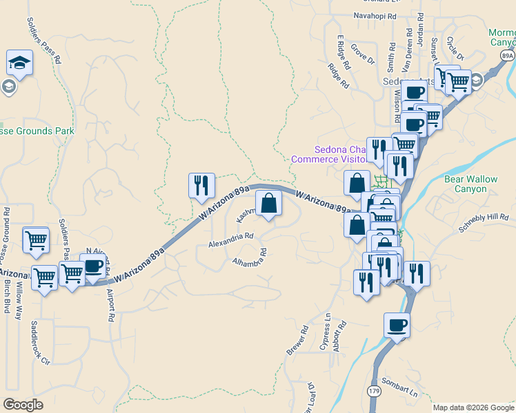 map of restaurants, bars, coffee shops, grocery stores, and more near 170 Kashmir Road in Sedona