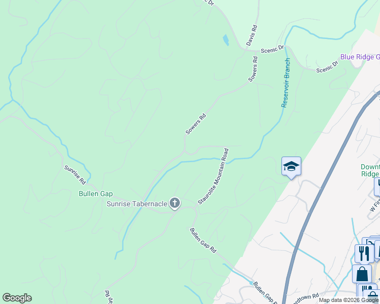 map of restaurants, bars, coffee shops, grocery stores, and more near 650 Staurolite Mountain Road in Blue Ridge