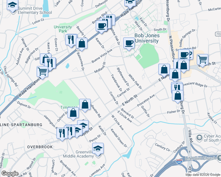map of restaurants, bars, coffee shops, grocery stores, and more near 116 Corrine Drive in Greenville