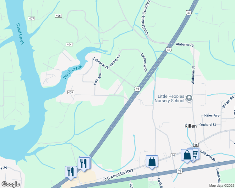 map of restaurants, bars, coffee shops, grocery stores, and more near 100-198 Shoals Avenue in Killen