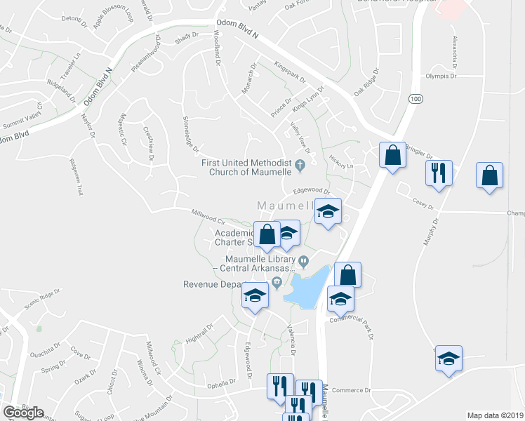 map of restaurants, bars, coffee shops, grocery stores, and more near 103 Windwood Drive in Maumelle