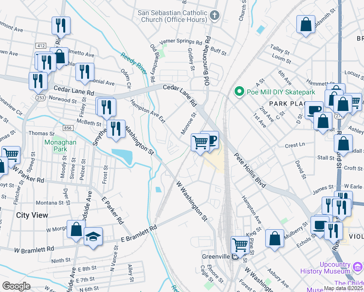 map of restaurants, bars, coffee shops, grocery stores, and more near 1419 Hampton Avenue in Greenville