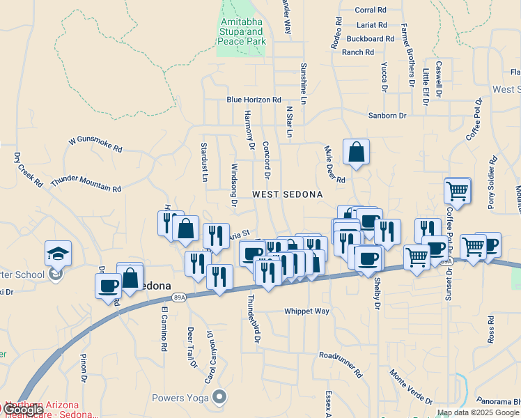 map of restaurants, bars, coffee shops, grocery stores, and more near 230 Harmony Drive in Sedona