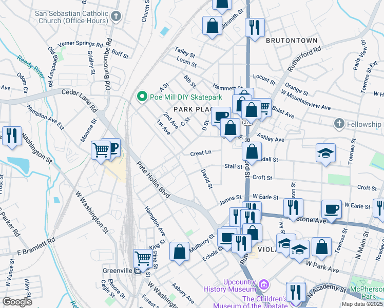 map of restaurants, bars, coffee shops, grocery stores, and more near 106 David Street in Greenville