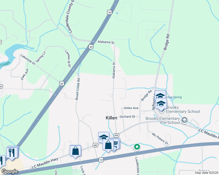 map of restaurants, bars, coffee shops, grocery stores, and more near 519 Alabama Street in Killen