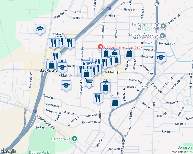 map of restaurants, bars, coffee shops, grocery stores, and more near 211 South James Street in Jacksonville
