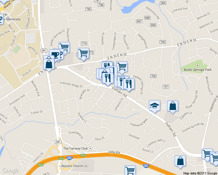 map of restaurants, bars, coffee shops, grocery stores, and more near 230 Pelham Road in Greenville