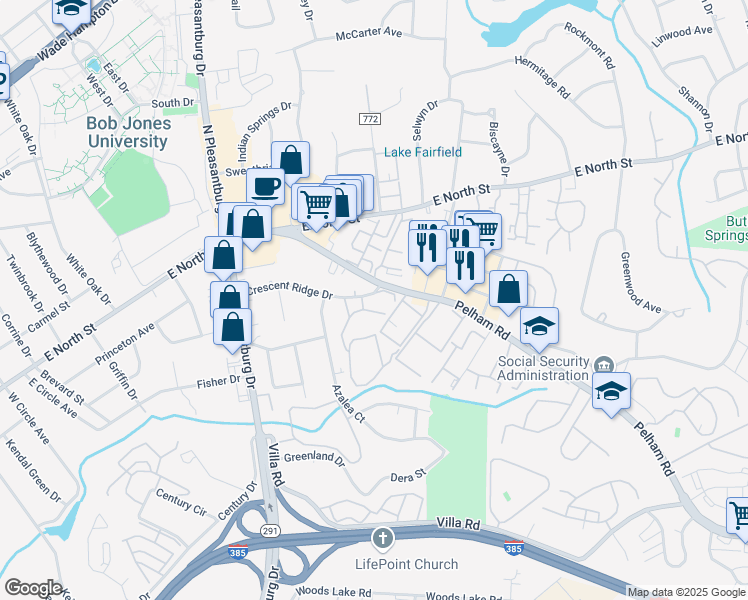 map of restaurants, bars, coffee shops, grocery stores, and more near 3 Pelham Road in Greenville