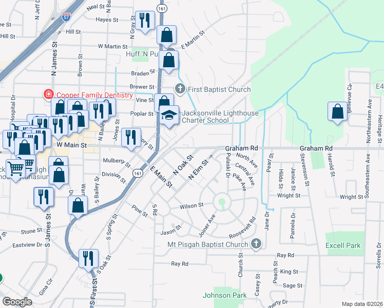 map of restaurants, bars, coffee shops, grocery stores, and more near 310 North Oak Street in Jacksonville
