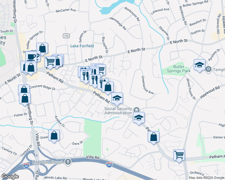 map of restaurants, bars, coffee shops, grocery stores, and more near 504 Falling Rock Way in Greenville