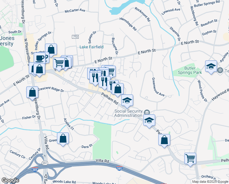 map of restaurants, bars, coffee shops, grocery stores, and more near 215 Pelham Commons Boulevard in Greenville