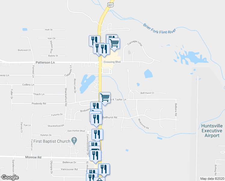 map of restaurants, bars, coffee shops, grocery stores, and more near 117 James K Taylor Lane in Meridianville