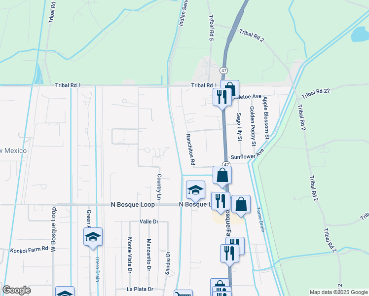 map of restaurants, bars, coffee shops, grocery stores, and more near 555 Ranchitos Road in Bosque Farms