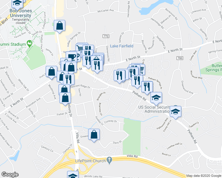map of restaurants, bars, coffee shops, grocery stores, and more near 5 Briarcreek Place in Greenville