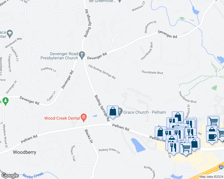 map of restaurants, bars, coffee shops, grocery stores, and more near 8 Creedmoor Drive in Greer