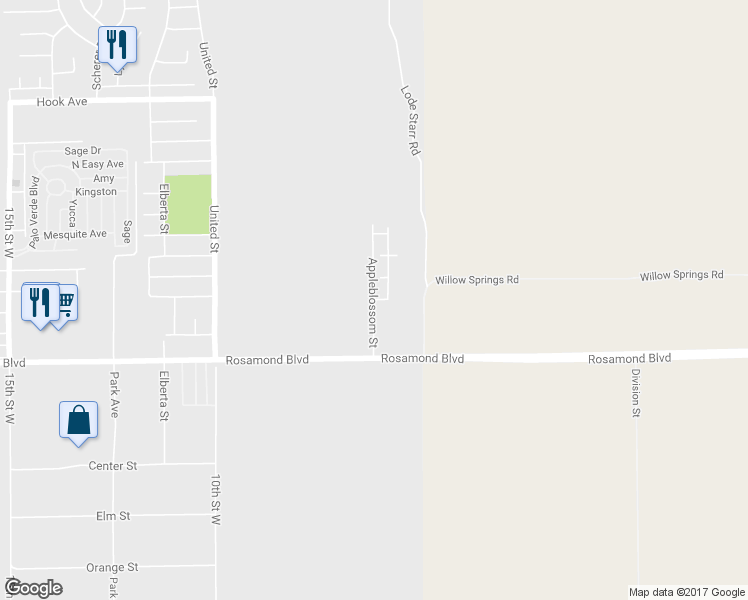map of restaurants, bars, coffee shops, grocery stores, and more near Appleblossom Street in Rosamond