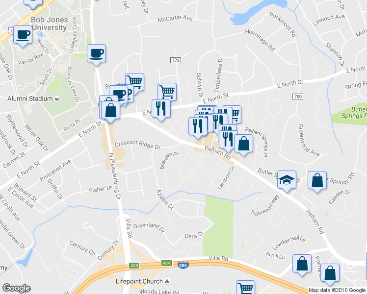 map of restaurants, bars, coffee shops, grocery stores, and more near 29 Briarcreek Place in Greenville