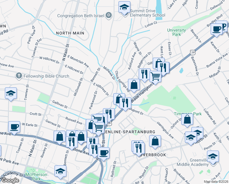 map of restaurants, bars, coffee shops, grocery stores, and more near 350 Mohawk Drive in Greenville