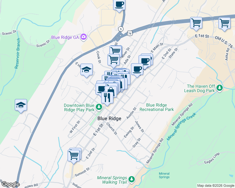 map of restaurants, bars, coffee shops, grocery stores, and more near 611-C East Main Street in Blue Ridge