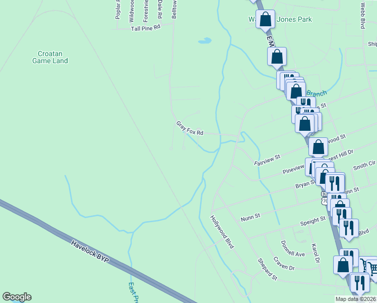 map of restaurants, bars, coffee shops, grocery stores, and more near 304 Coachman Lane in Havelock