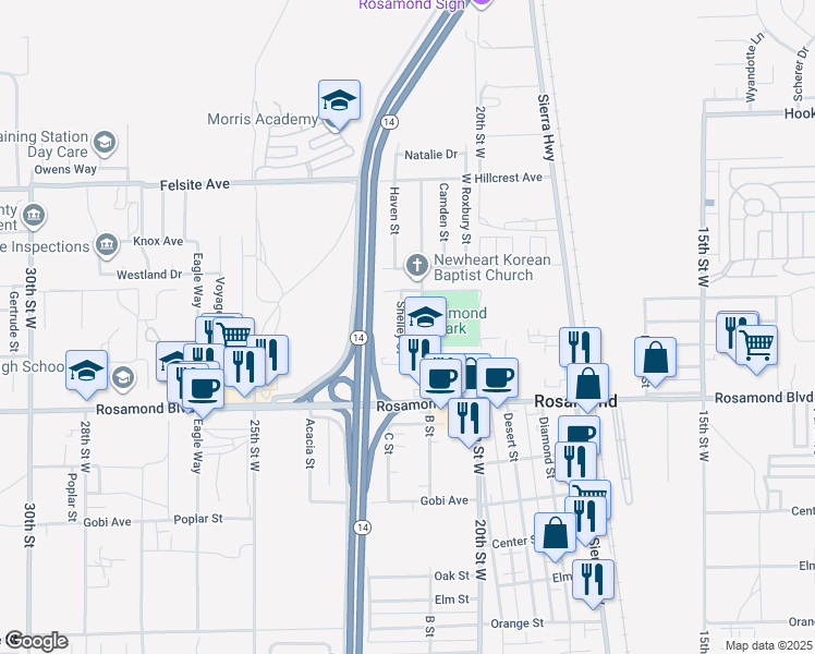 map of restaurants, bars, coffee shops, grocery stores, and more near in Rosamond