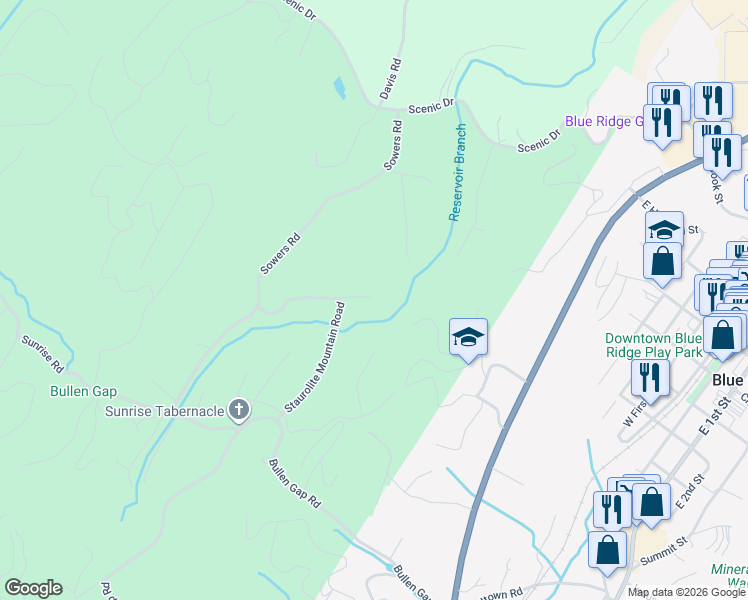 map of restaurants, bars, coffee shops, grocery stores, and more near 353 Sowers Road in Blue Ridge