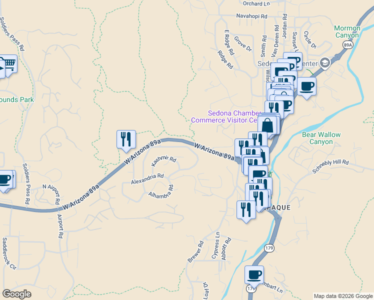 map of restaurants, bars, coffee shops, grocery stores, and more near in Sedona
