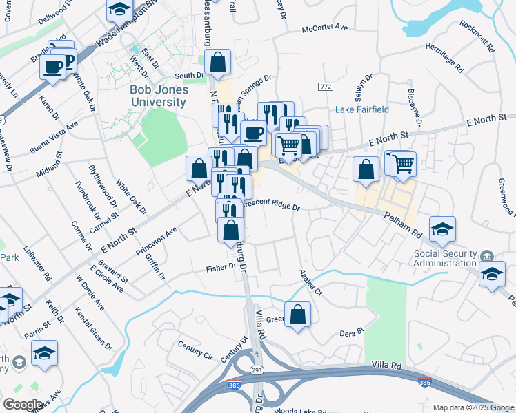 map of restaurants, bars, coffee shops, grocery stores, and more near 101 Crescent Ridge Drive in Greenville