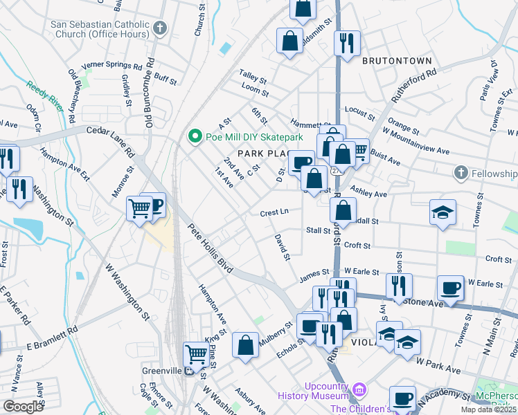 map of restaurants, bars, coffee shops, grocery stores, and more near 36 2nd Avenue in Greenville