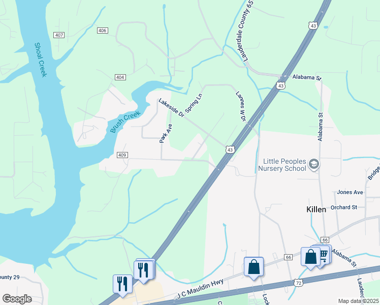map of restaurants, bars, coffee shops, grocery stores, and more near 100 Shoals Avenue in Killen