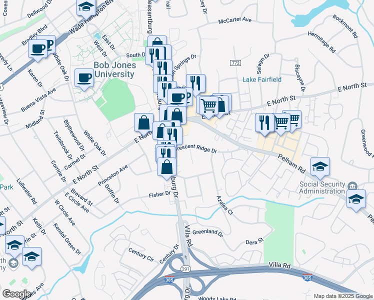 map of restaurants, bars, coffee shops, grocery stores, and more near 101 Crescent Ridge Drive in Greenville