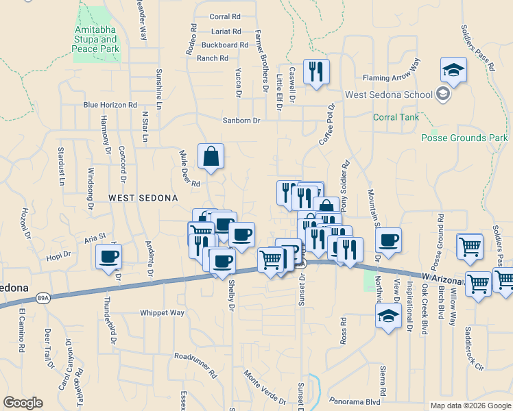 map of restaurants, bars, coffee shops, grocery stores, and more near 240 Goodrow Lane in Sedona