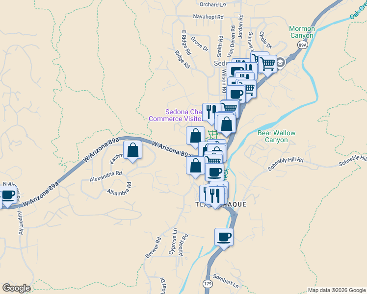 map of restaurants, bars, coffee shops, grocery stores, and more near 826 Forest Road in Sedona