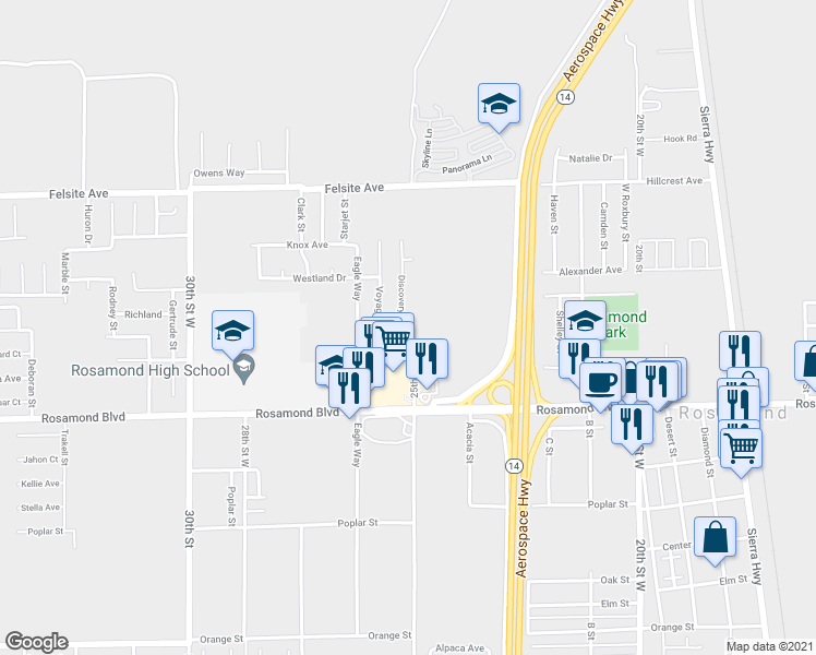 map of restaurants, bars, coffee shops, grocery stores, and more near 3172 Discovery Way in Rosamond