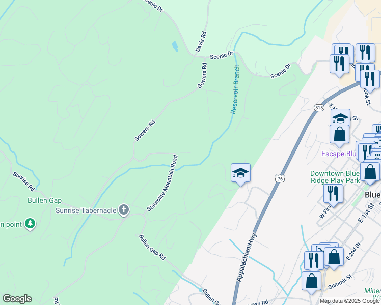 map of restaurants, bars, coffee shops, grocery stores, and more near 40 Staurolite Mountain Road in Fannin County
