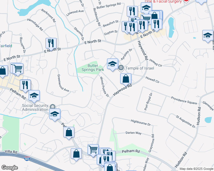 map of restaurants, bars, coffee shops, grocery stores, and more near 59 Haywood Road in Greenville