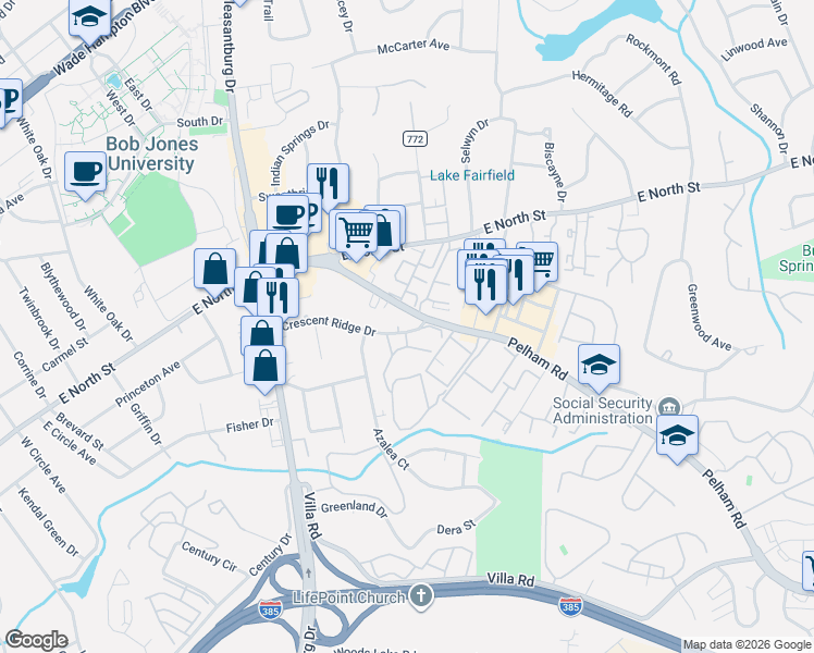 map of restaurants, bars, coffee shops, grocery stores, and more near 18 Pelham Road in Greenville