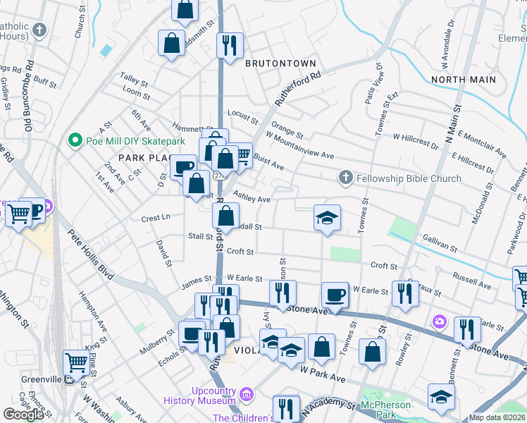 map of restaurants, bars, coffee shops, grocery stores, and more near 408 Ashley Avenue in Greenville