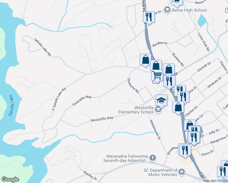 map of restaurants, bars, coffee shops, grocery stores, and more near 104 Eastcliffe Way in Greenville