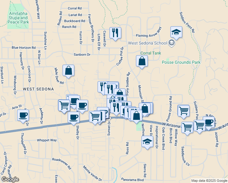 map of restaurants, bars, coffee shops, grocery stores, and more near 260 Coffee Pot Drive in Sedona