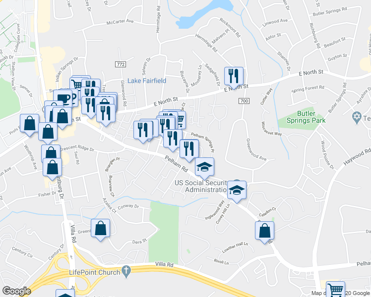 map of restaurants, bars, coffee shops, grocery stores, and more near 322 Rocky Top Drive in Greenville