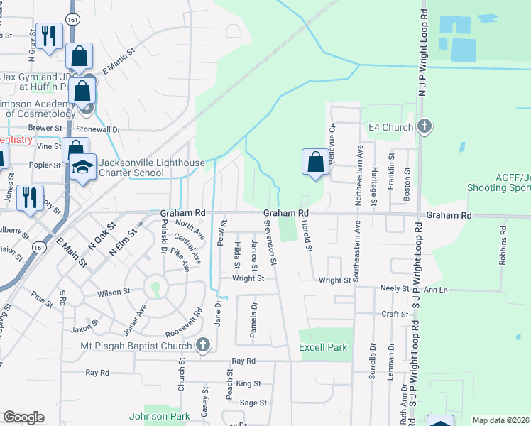 map of restaurants, bars, coffee shops, grocery stores, and more near 1116 Graham Road in Jacksonville