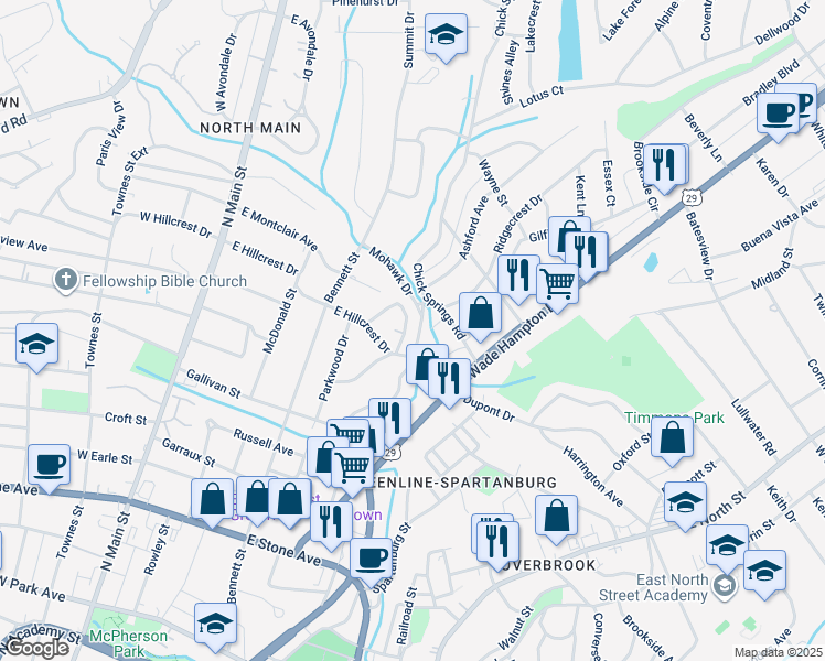 map of restaurants, bars, coffee shops, grocery stores, and more near 109 Hillcrest Circle in Greenville